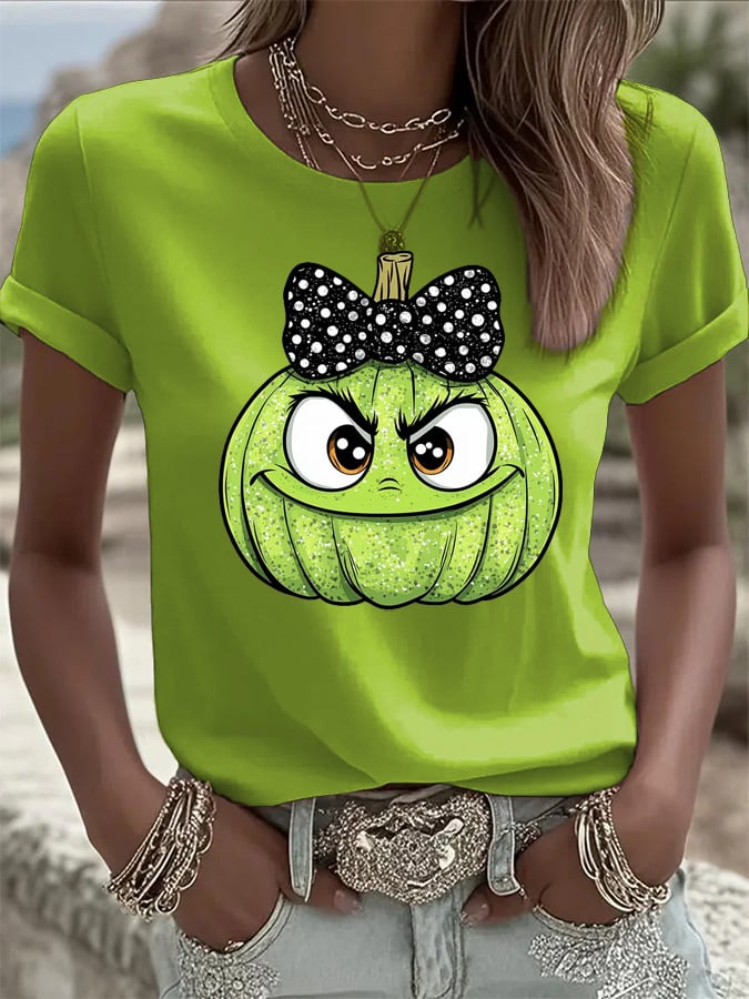 Women's Halloween Pumpkin Face Print Crew Neck T-shirt