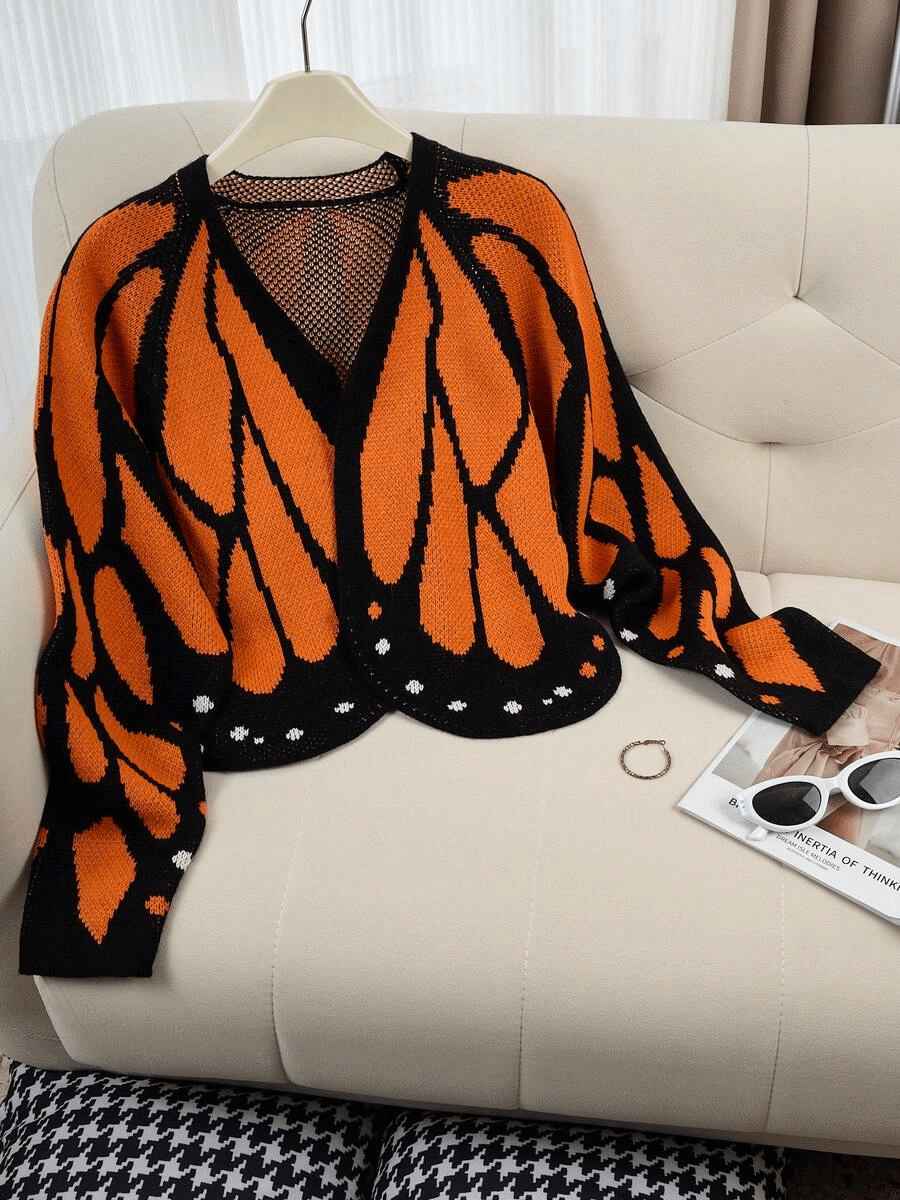 Women'S Butterfly Cape Knit Cardigan, Contrast Color Crochet Design, Loose Batwing Sleeves, Spring Autumn Vibe Outerwear Sweater Jacket