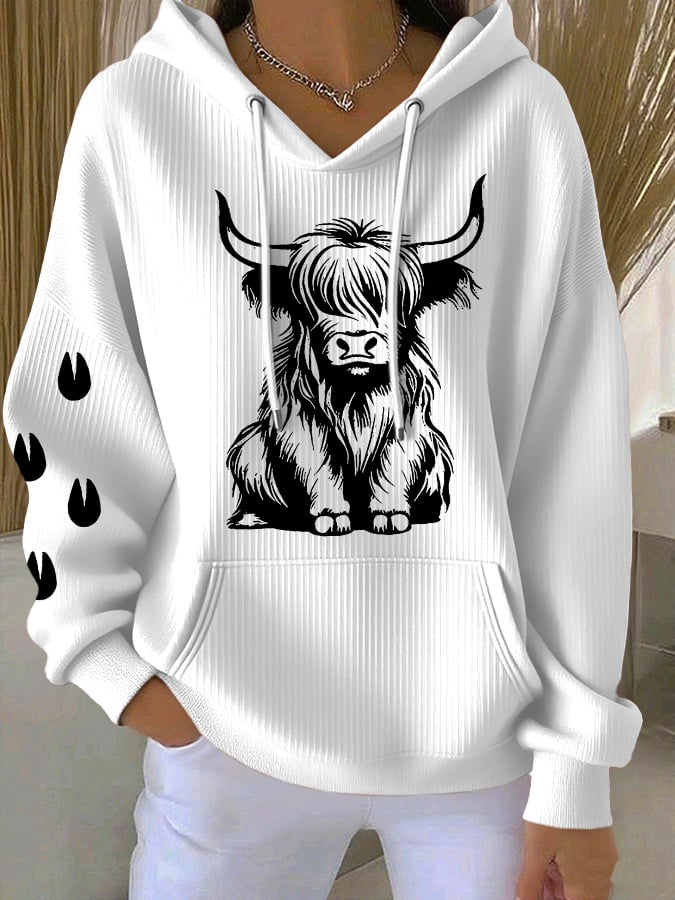 Women's Vintage Western Highland Cow Print Casual Hooded Sweatshirt