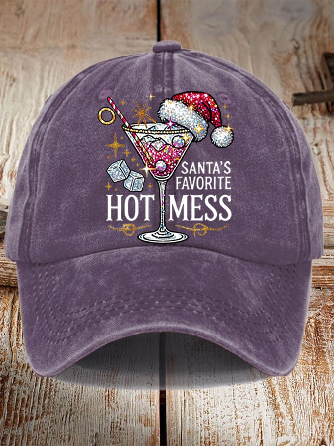 Unisex Distressed Washed Cotton Christmas Santa's Favorite Hot Mess Hat
