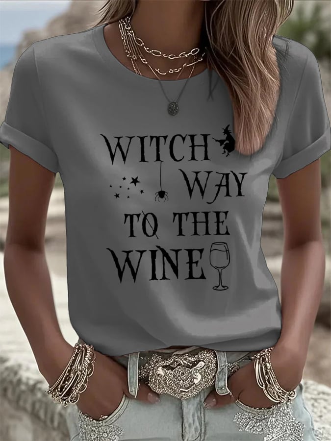 Women's Witch Way To The Wine Print Casual T-shirt