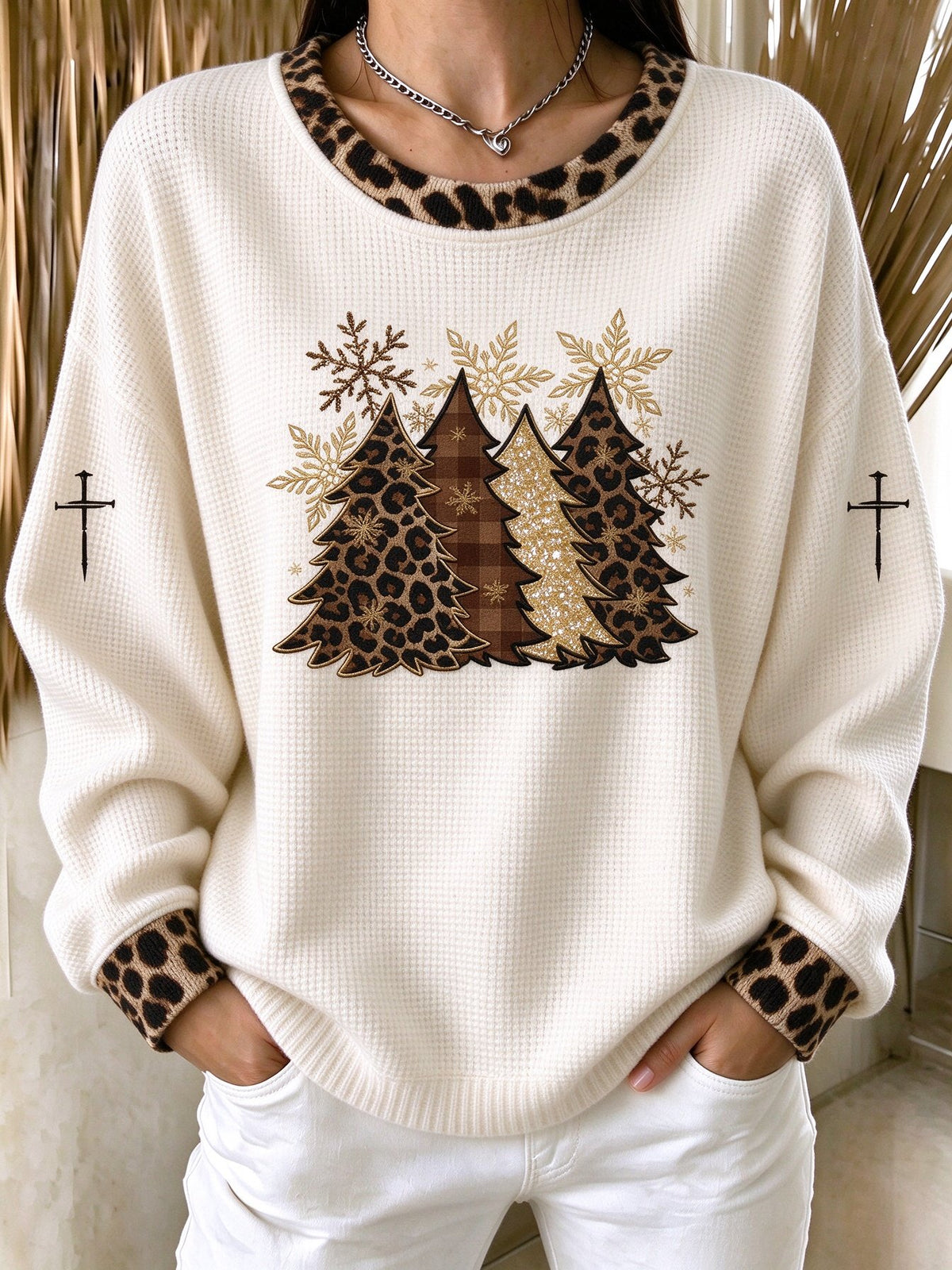 Women's Christmas Print Cozy Waffle Top