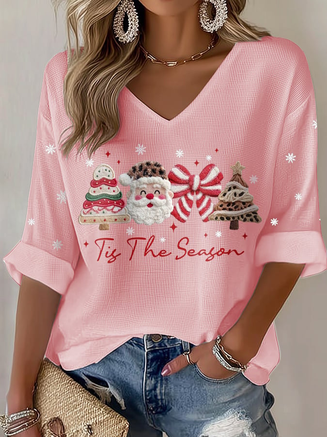 Women's casual Christmas season waffle T-shirt