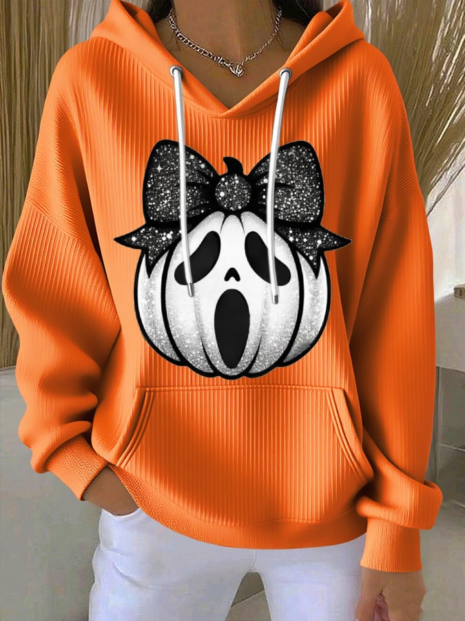 Women's Pumpkin Face Print Casual Hooded Sweatshirt