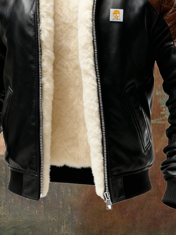 Men's Retro Leather Patchwork Quilted Plush Lined Multi-Pocket Outdoor Jacket