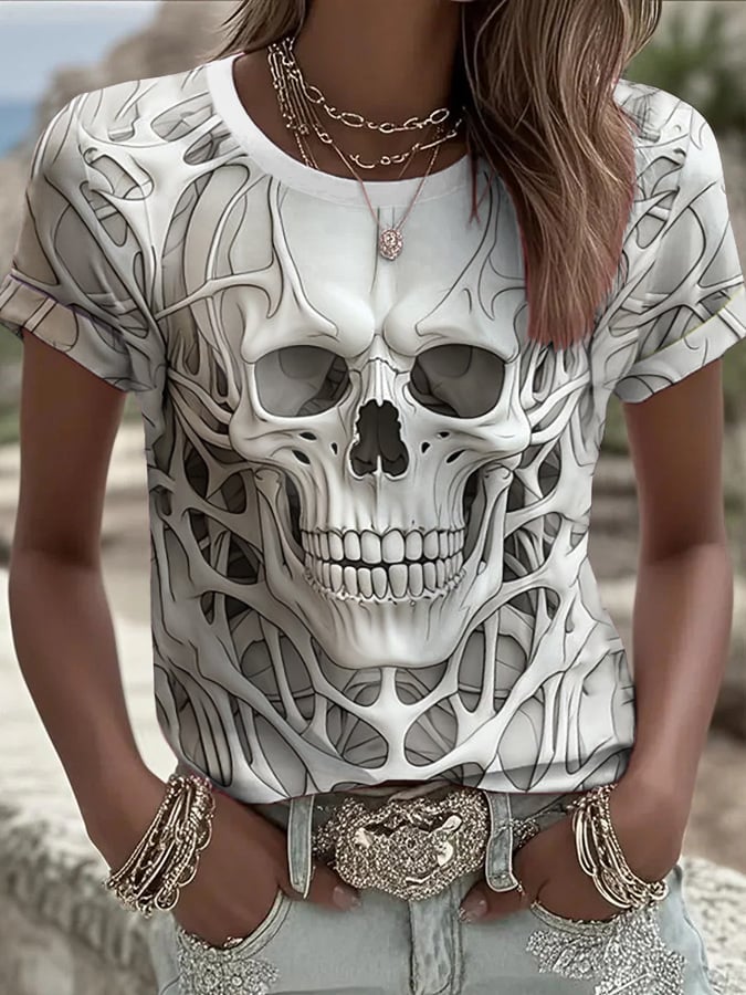 Women's Halloween Skull Print Crew Neck T-Shirt