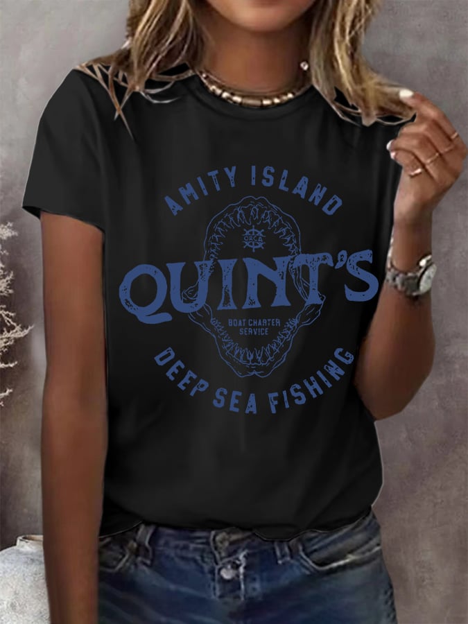 Women's Amity Island 1975 Deep Sea Fishing Print Round Neck T-Shirt