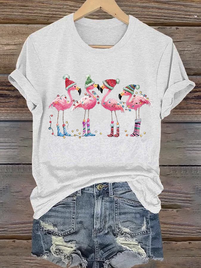 Women's Christmas Flamingo Printed Crew Neck T-Shirt