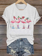 Women's Christmas Flamingo Printed Crew Neck T-Shirt