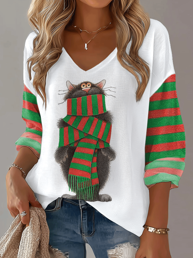Women's Retro Cat Print Waffle Long Sleeve T-Shirt
