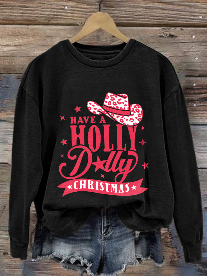 Retro Western Leopard Christmas Cowgirl Have A Holly Christmas Print Sweatshirt