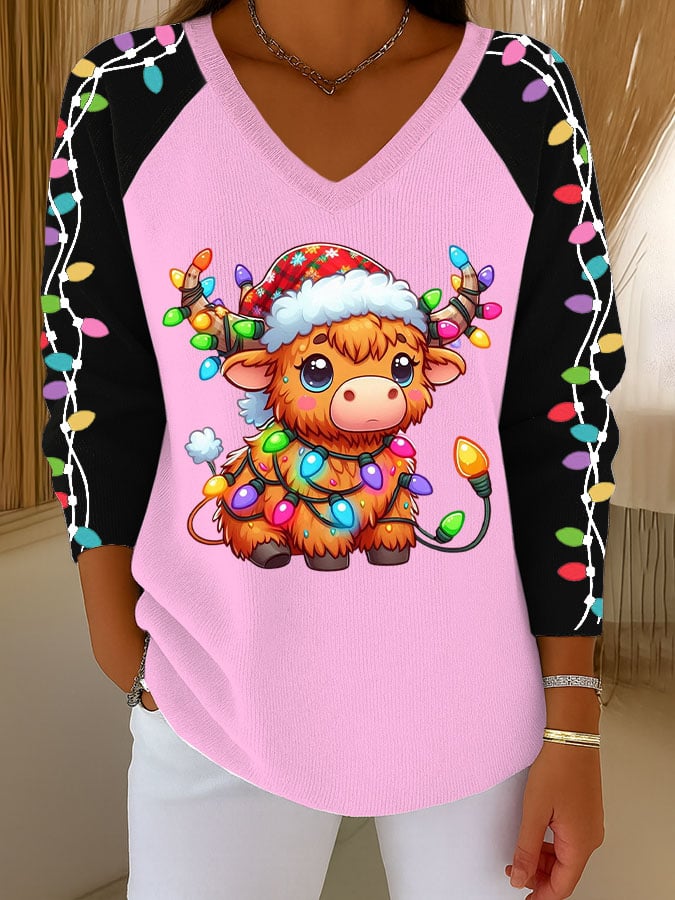 Women's Retro Fun Christmas Highland Cow Light String Print Top