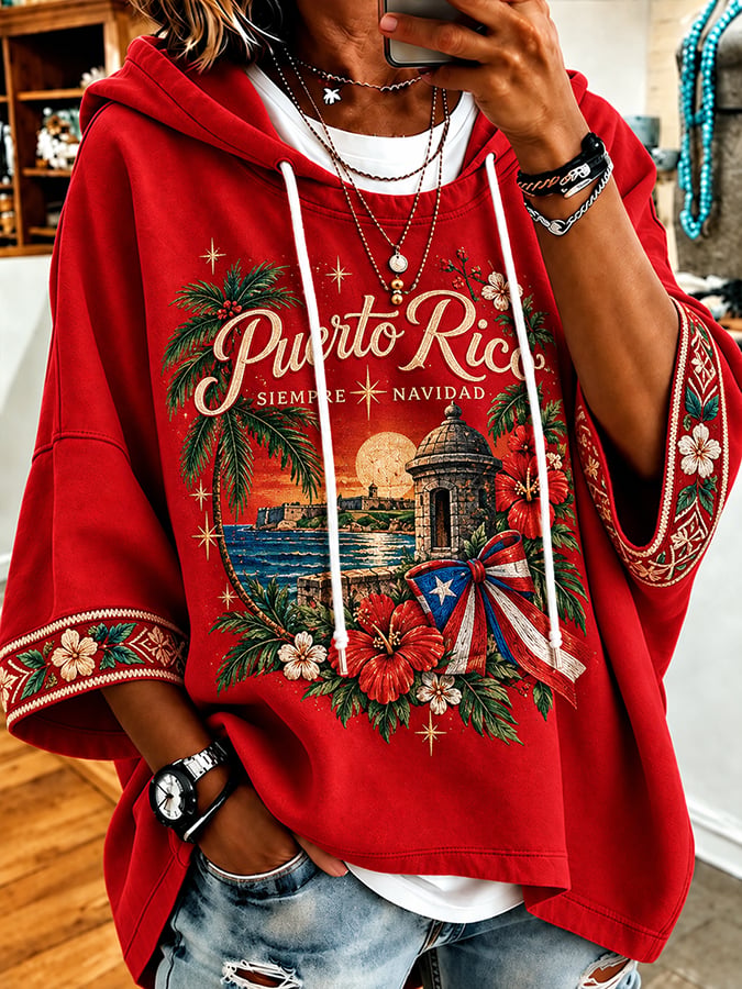 Women's Puerto Rico Christmas Print Hooded Sweatshirt