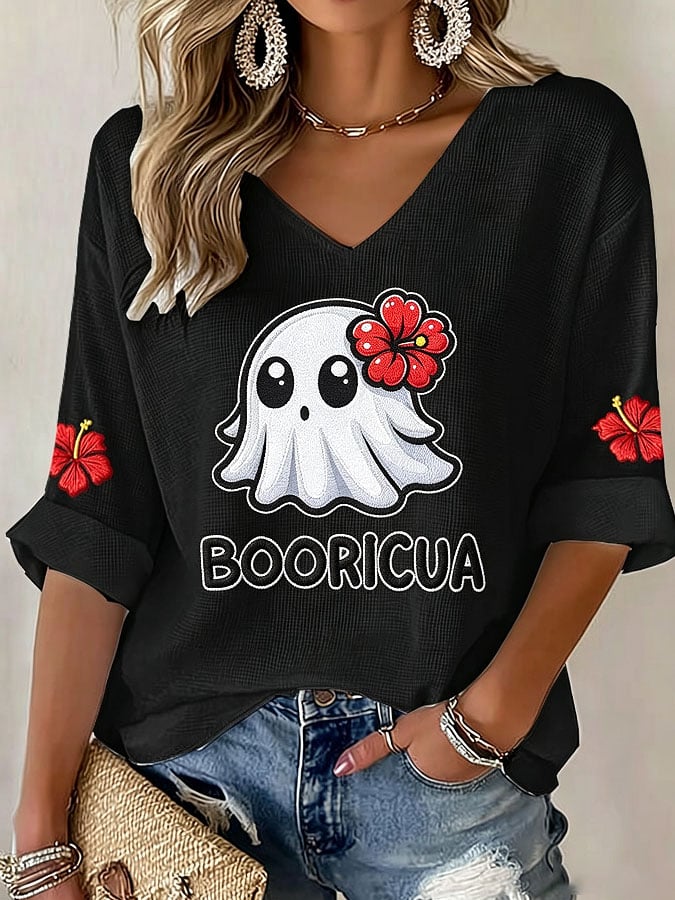 Women's Puerto Rico Halloween Print Graphic Waffle-Knit Casual T-Shirt