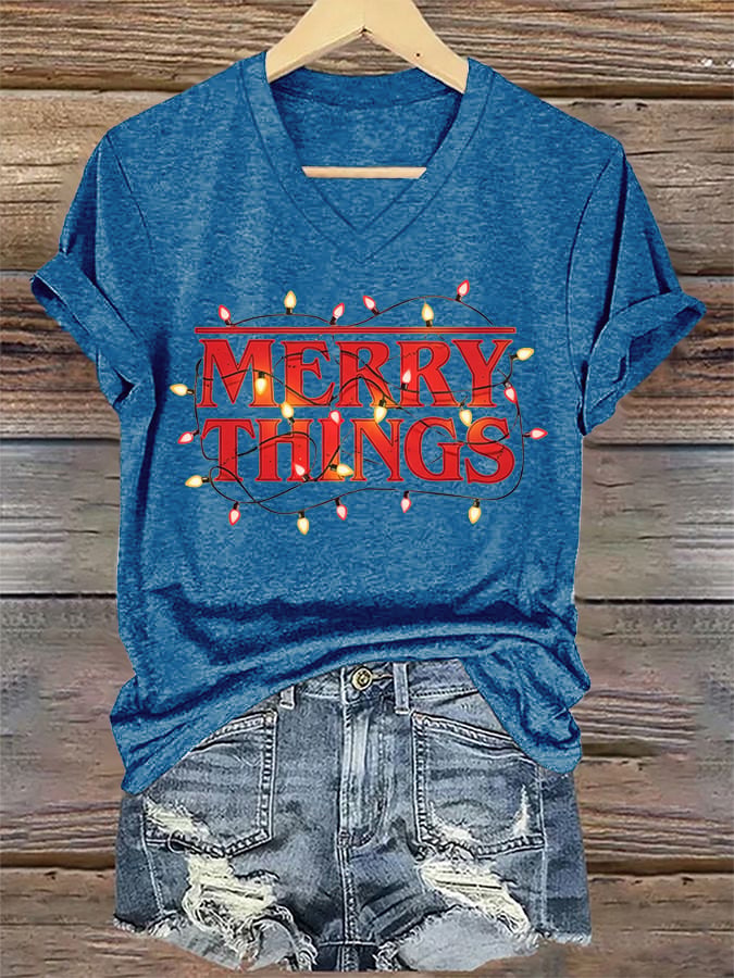 V-Neck Retro Merry Christmas Merry Things Print T-Shirt