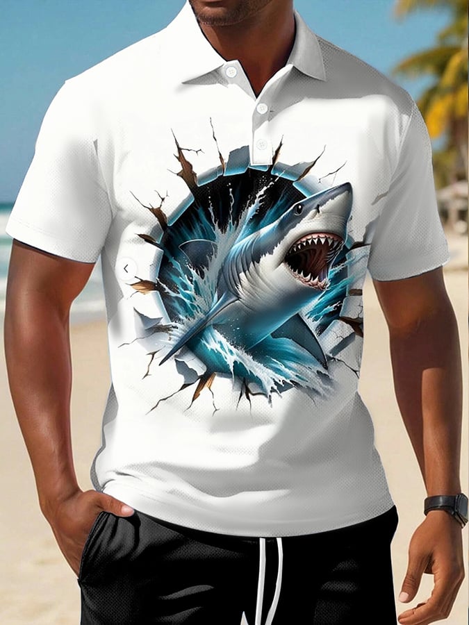 Men's Great White Shark Print Short Sleeve Polo Shirt
