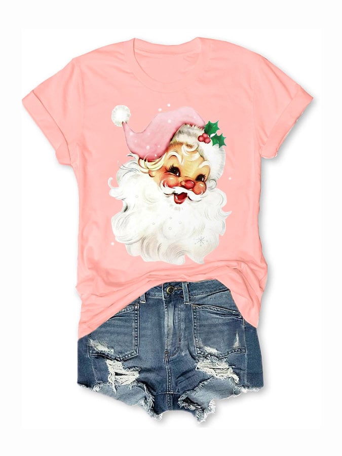 Christmas Retro Pink Santa Print T-Shirt