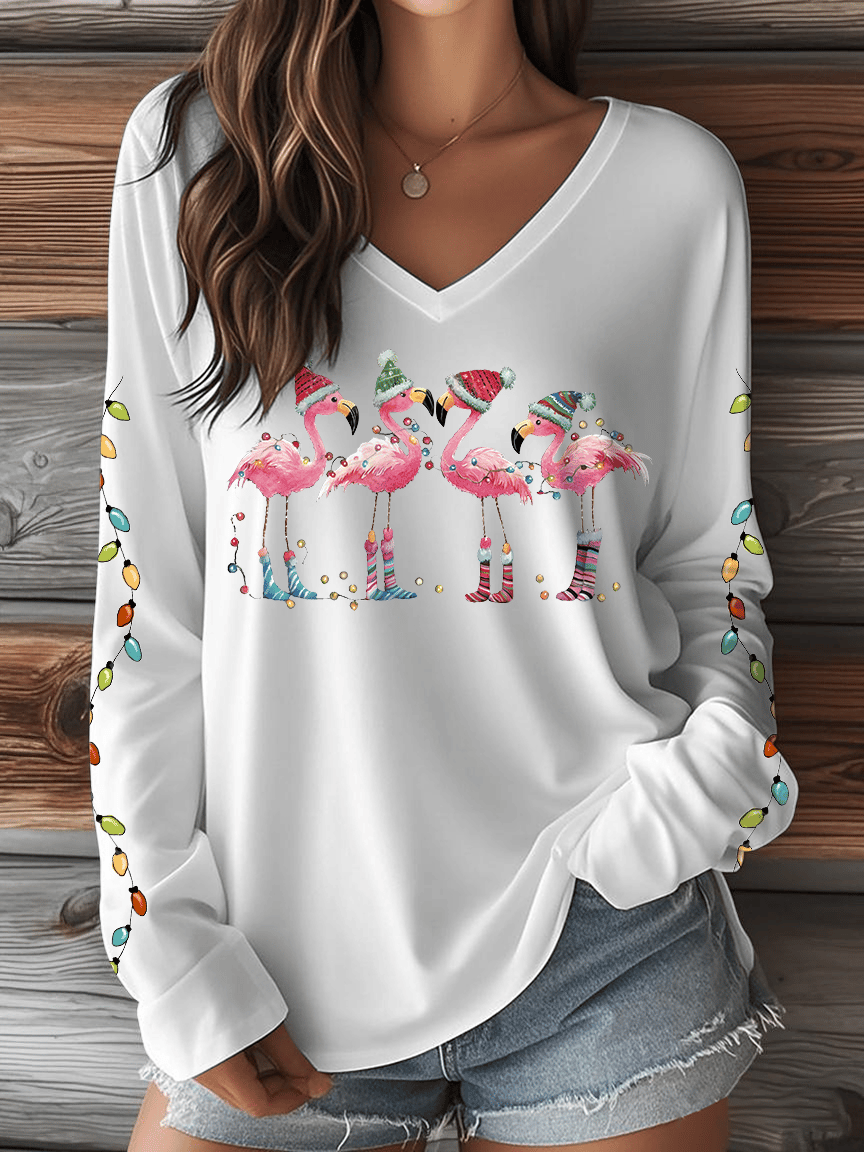 Women's Christmas Flamingo Print V-Neck Long Sleeve T-Shirt