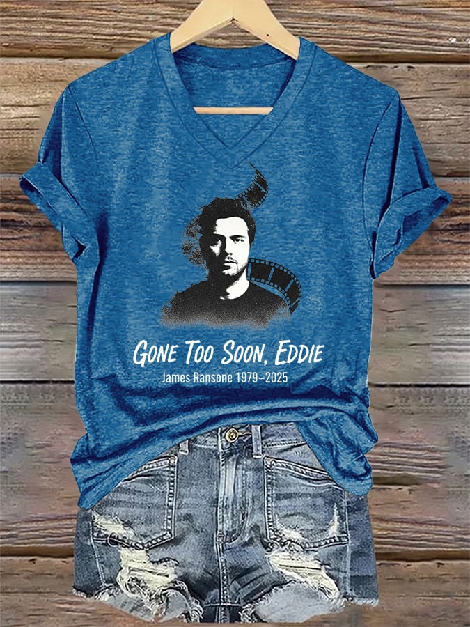 V-Neck Retro Gone Too Soon Eddie Print T-Shirt