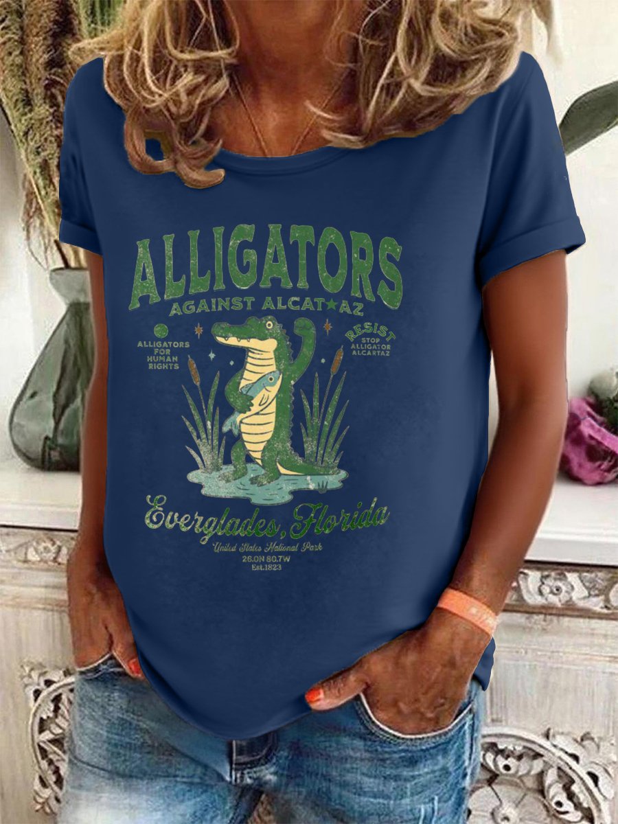 Women's Fashion Casual Retro Crocodile Island Resistance Fdt Print T-Shirt