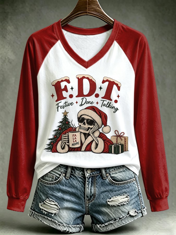 V-Neck Retro Christmas Santa Skeleton FDT Festive, Done Talking Print T-Shirt