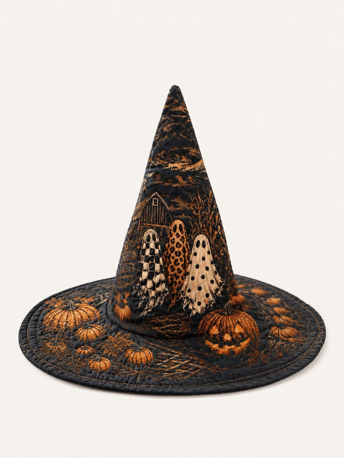 Gothic Halloween Haunted House Pumpkin Handmade Quilted Witch Hat