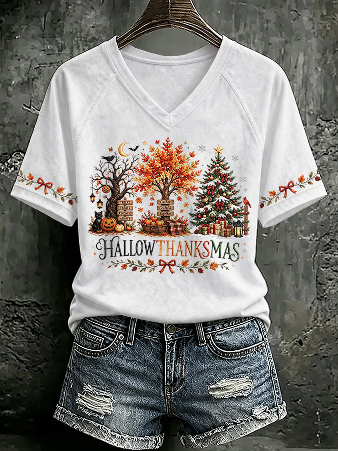 🔥🔥2nd 50% Off 🔥🔥V Neck Retro Happy Hallothanksmas Halloween Thanksgiving Christmas Print T-Shirt