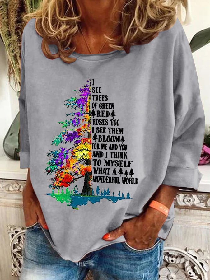 Retro Hippie Christmas I See Trees Of Green, Red Roses Too I See Them Bloom For Me And You And I Think To Myself What A Wonderful World Print Sweatshirt