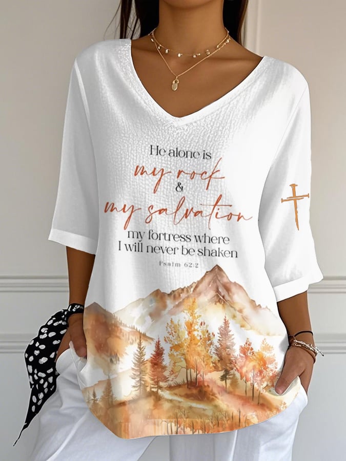 Women's Fall Faith Print Casual V-Neck T-Shirt