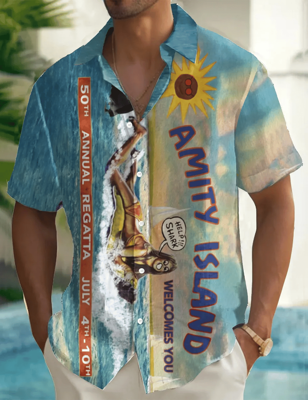 Men's Amity Island Welcomes You Print Short Sleeve Shirt