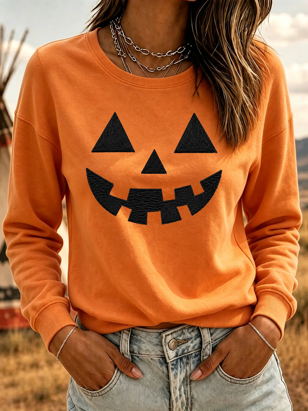 Women's Halloween Spooky Face Print Sweatshirt
