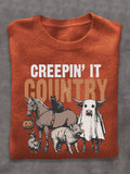 Cow Horse Black Cat Pig Ghost West Halloween Art Print Thin Sweater
