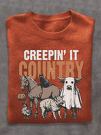 Cow Horse Black Cat Pig Ghost West Halloween Art Print Thin Sweater