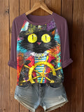 Halloween Pirate Cat Casual Colorful Printed Raglan Top