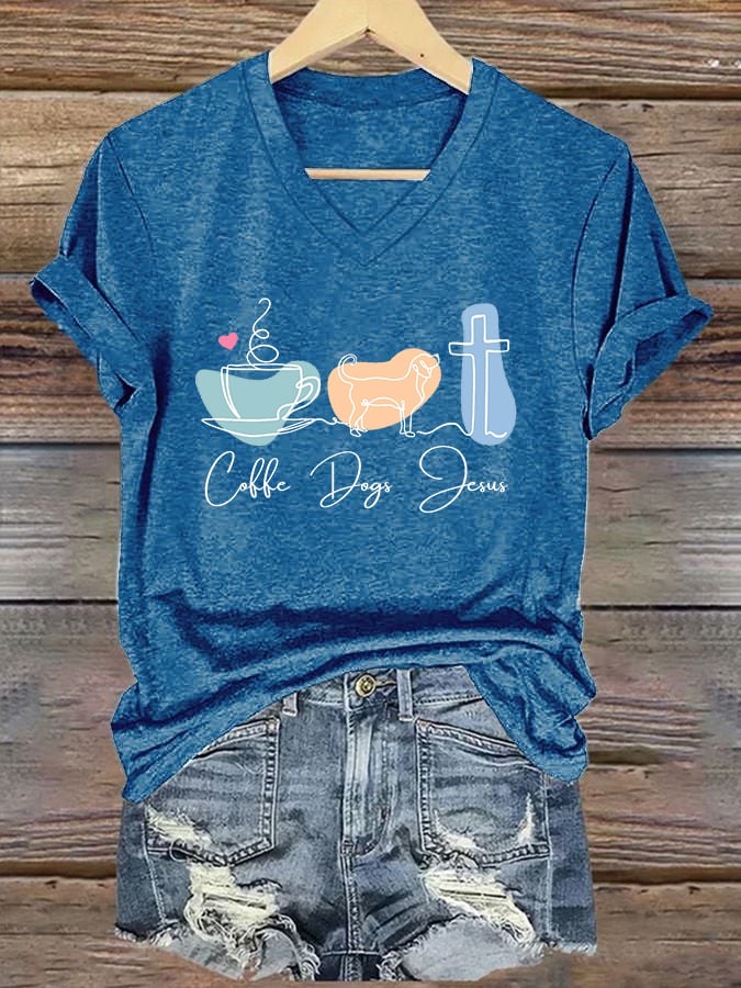 Women's Coffee Dog Jesus Print Casual T-Shirt