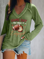 V-neck Retro Football Game Day But Make It Engaged Print T-Shirt