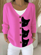 Women's Halloween Fun Black Cat Print Cardigan Sweater