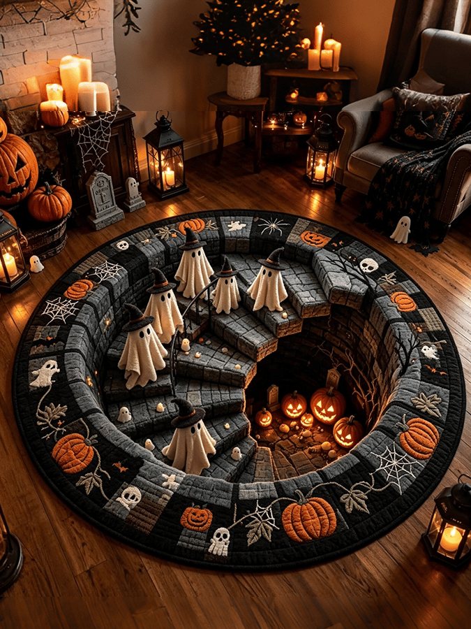 Halloween 3d Visual Trap Living Room Rug Home Bedroom Anti-Slip Skin-Friendly Bedside Rug Easy-Care Floor Mat