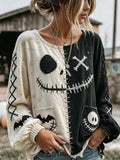 Women's Vintage Halloween Artistic Cat Print Long-Sleeve Top