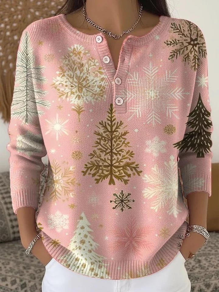 Women's Christmas Print Knit Button Top
