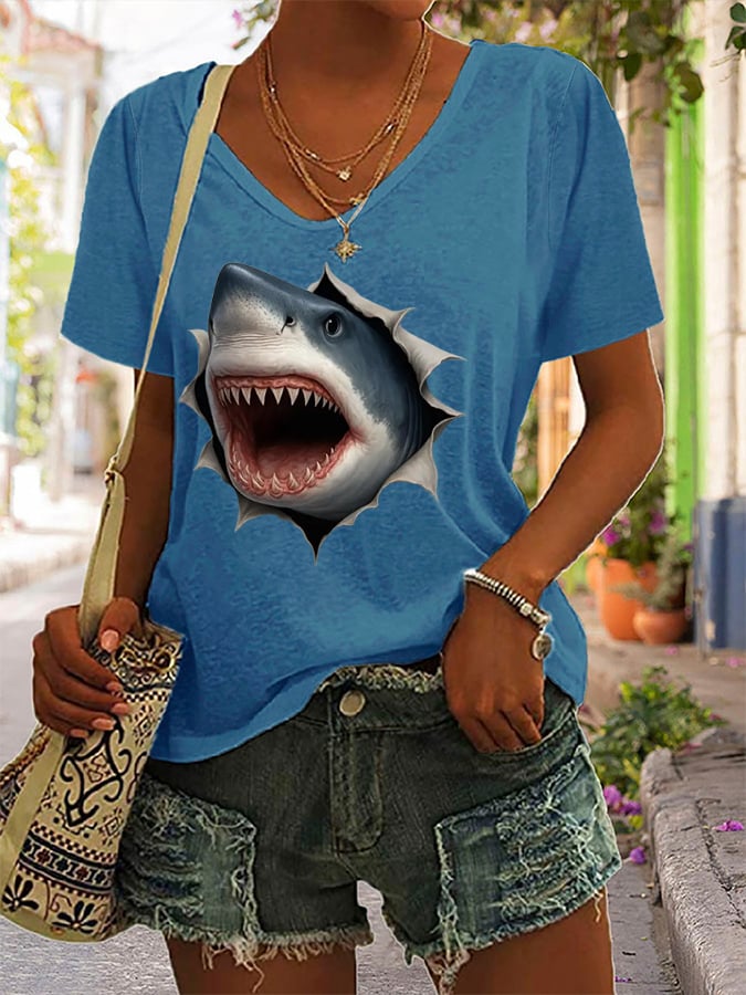 Women's Great White Shark Print Casual T-Shirt