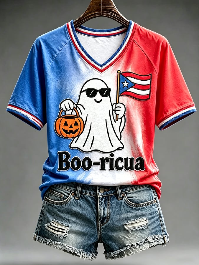 Women's Casual Boricua Halloween Printed Short-Sleeve T-Shirt