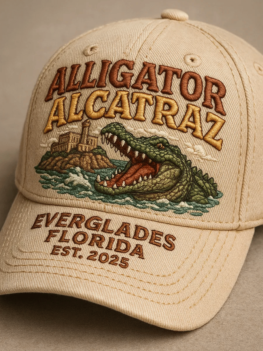 Retro Alligator Alcatraz Funny Florida Everglades Art Print Baseball Cap