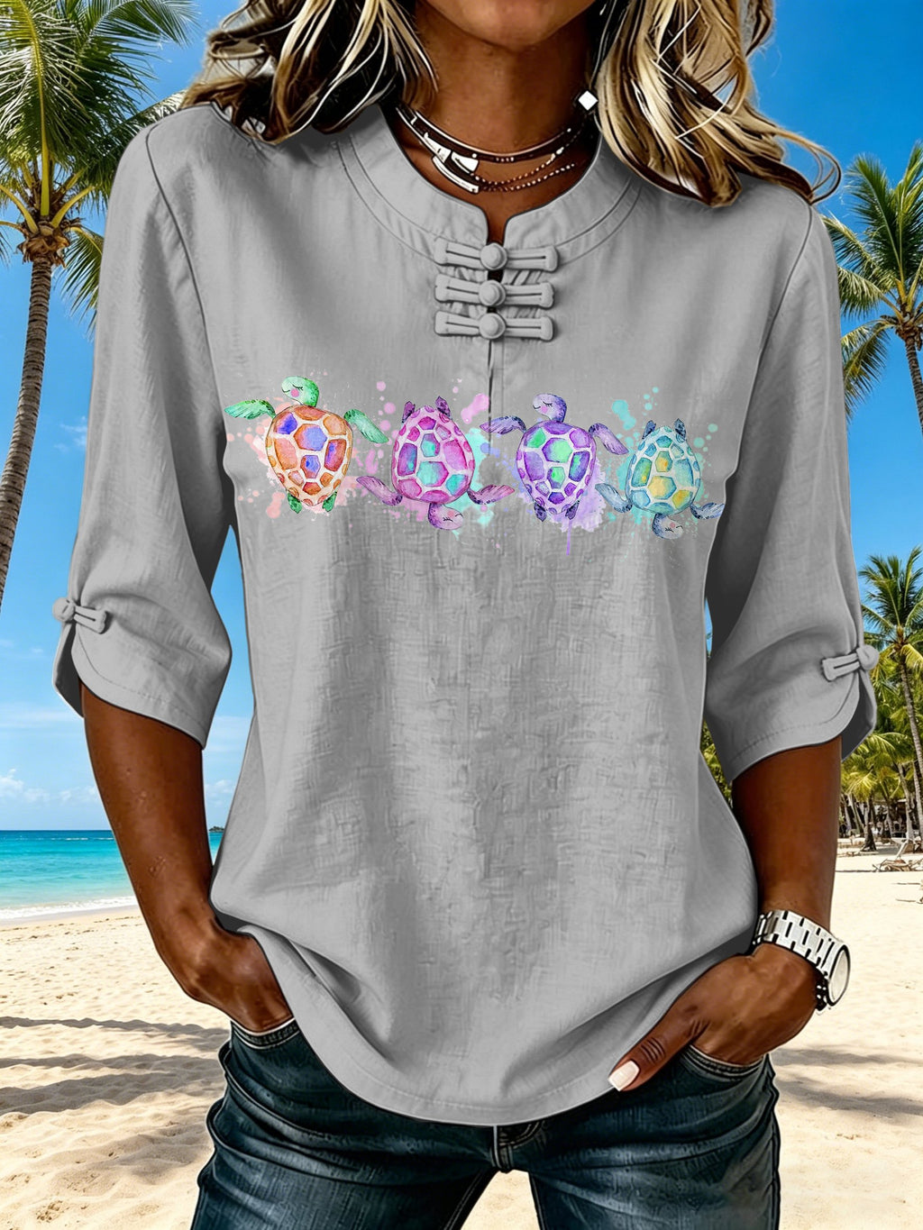 Casual Vacation-Style Sea Turtle Print Button Down Short Sleeve Blouse