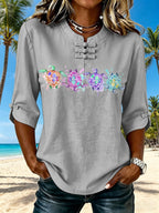 Casual Vacation-Style Sea Turtle Print Button Down Short Sleeve Blouse