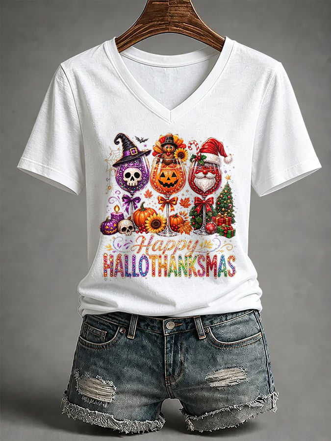 🔥🔥2nd 50% Off 🔥🔥V-Neck Retro Happy Hallothanksmas Halloween Thanksgiving Christmas  Red Wine Glass Skull Turkey Santa Claus Print T-Shirt
