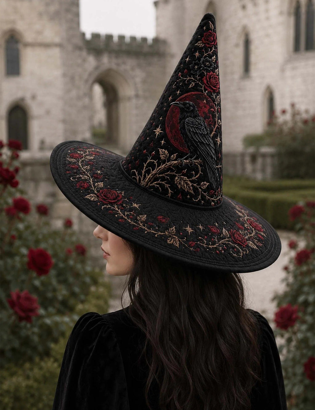 Halloween Black Rose Raven Victorian Gothic Hand-quilted Witch Hat