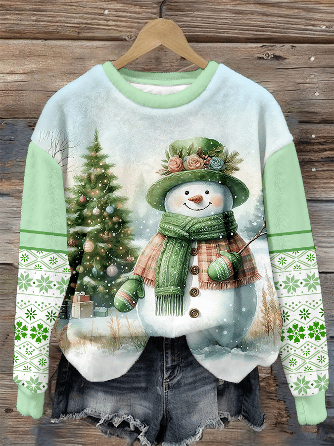 Women's Christmas Snowman Print Casual Flannel Long Sleeve Sweatshirt
