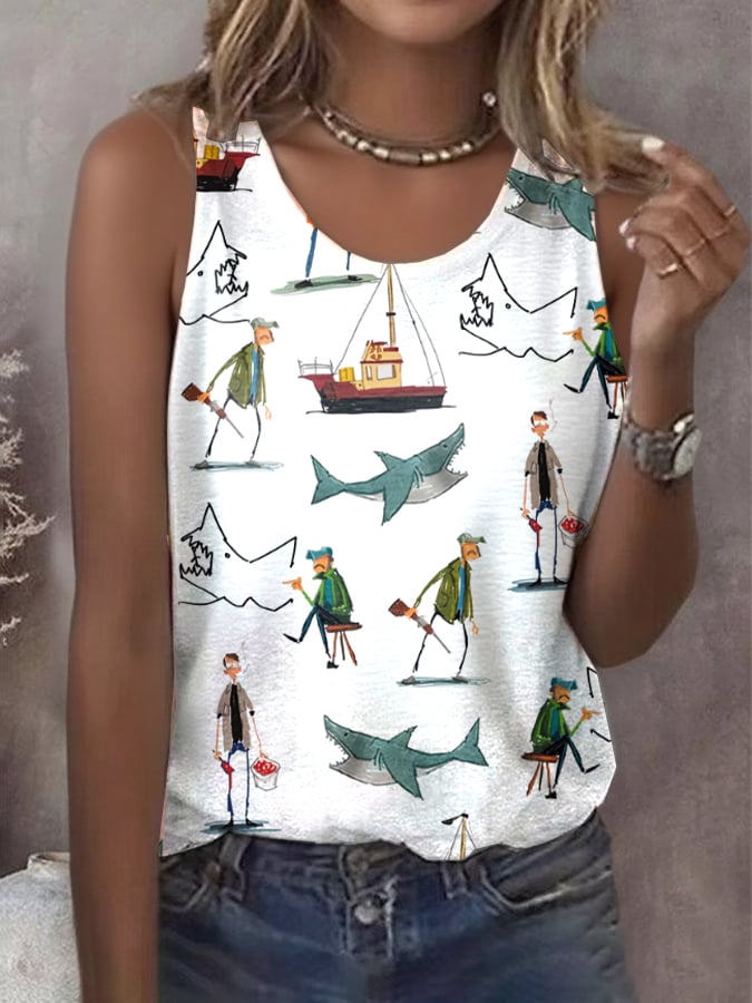 Women's Shark Art Print Crew Neck Tank