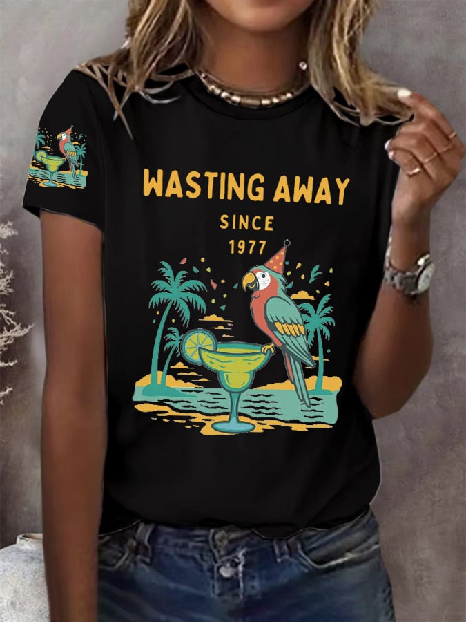 Retro Parrot Margarita Wasting Away Since 1977 Print T-Shirt